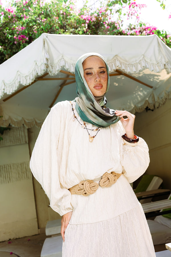 Rayan printed a premium modal scarf worn as a lightweight hijab with breathable airy drape by WOROOD