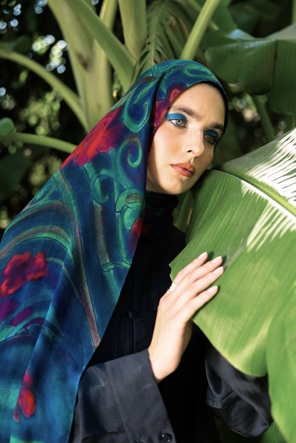Azalea printed premium modal scarf with flowing botanical forms, delicate bird details, layered artistry, and lightweight breathable drape by WOROOD