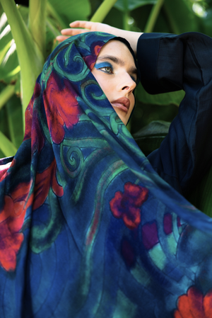 Azalea printed premium modal scarf with flowing botanical forms, delicate bird details, layered artistry, and lightweight breathable drape by WOROOD