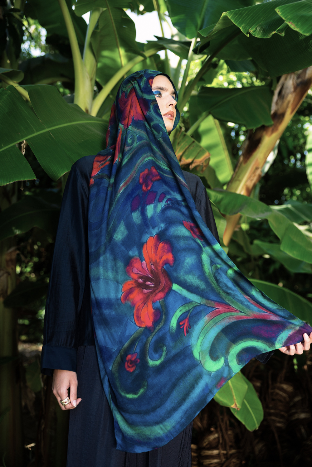 Azalea printed premium modal scarf with flowing botanical forms, delicate bird details, layered artistry, and lightweight breathable drape by WOROOD