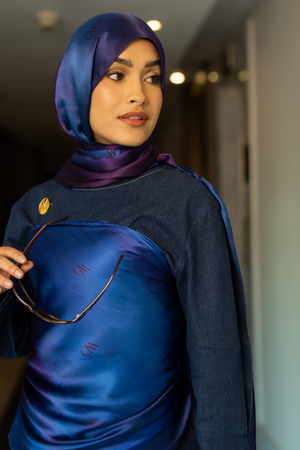 Beau Bleu premium silk scarf with violet to navy ombré mulberry silk drape by WOROOD
