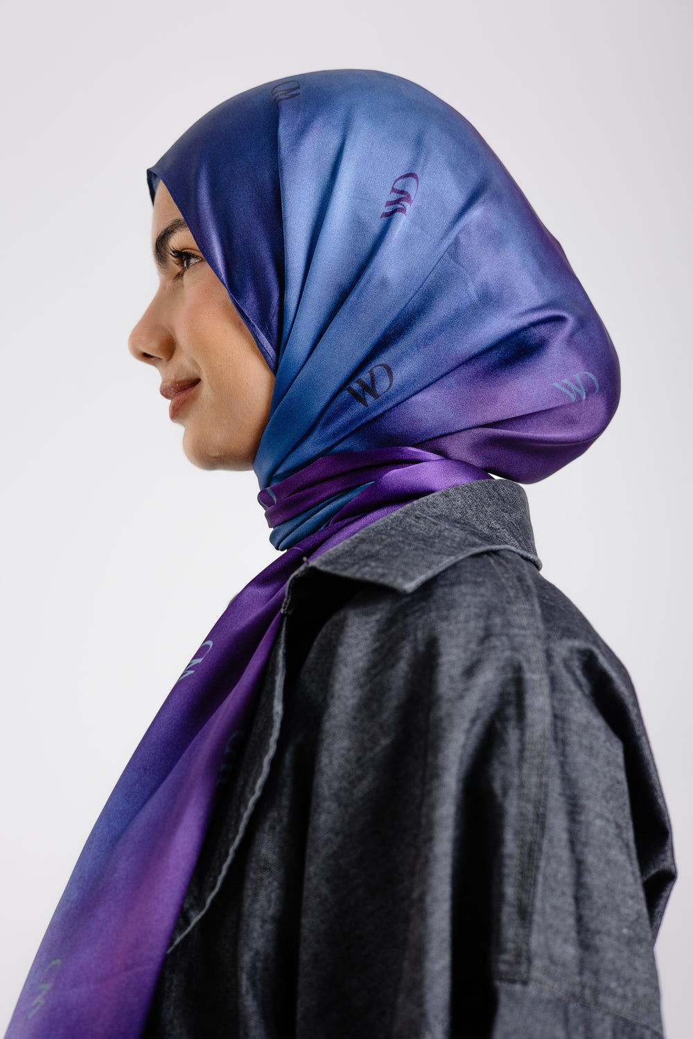 Beau Bleu premium silk scarf with violet to navy ombré mulberry silk drape by WOROOD