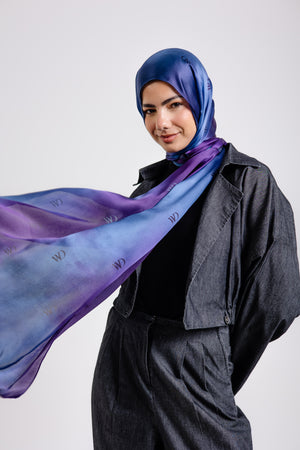 Beau Bleu premium silk scarf with violet to navy ombré mulberry silk drape by WOROOD