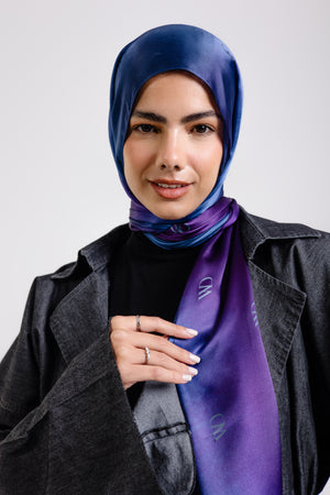 Beau Bleu premium silk scarf with violet to navy ombré mulberry silk drape by WOROOD