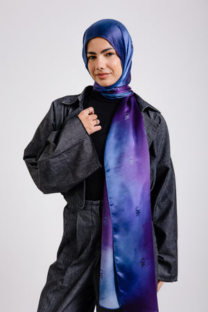 Beau Bleu premium silk scarf with violet to navy ombré mulberry silk drape by WOROOD