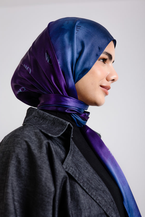 Beau Bleu premium silk scarf with violet to navy ombré mulberry silk drape by WOROOD