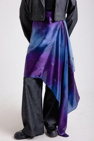 Beau Bleu premium silk scarf with violet to navy ombré mulberry silk drape by WOROOD