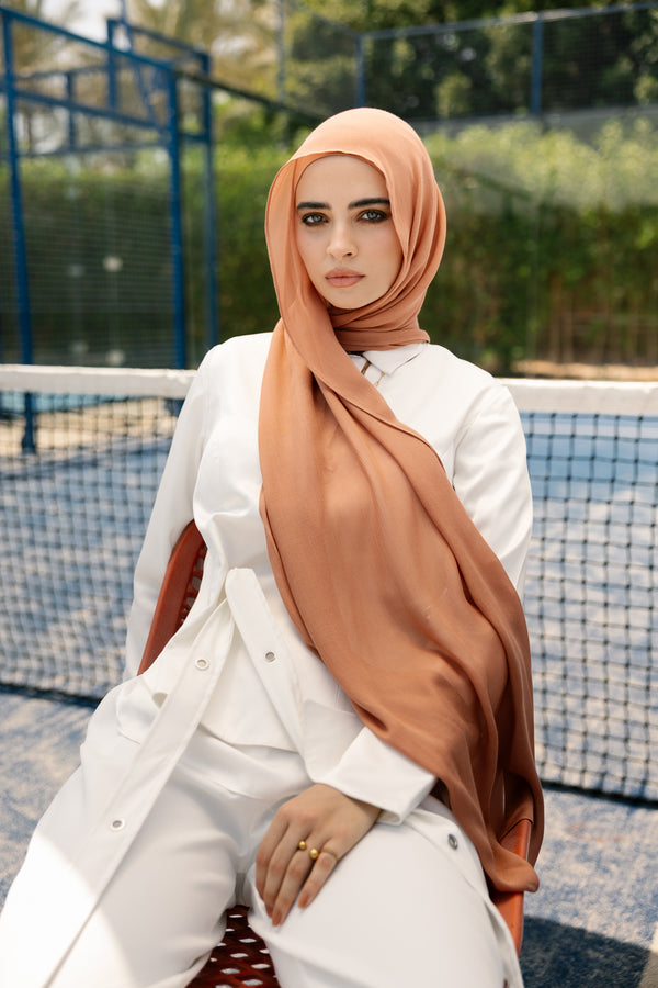 Caramel premium bamboo scarf set with matching bamboo inner cap and breathable lightweight drape by WOROOD