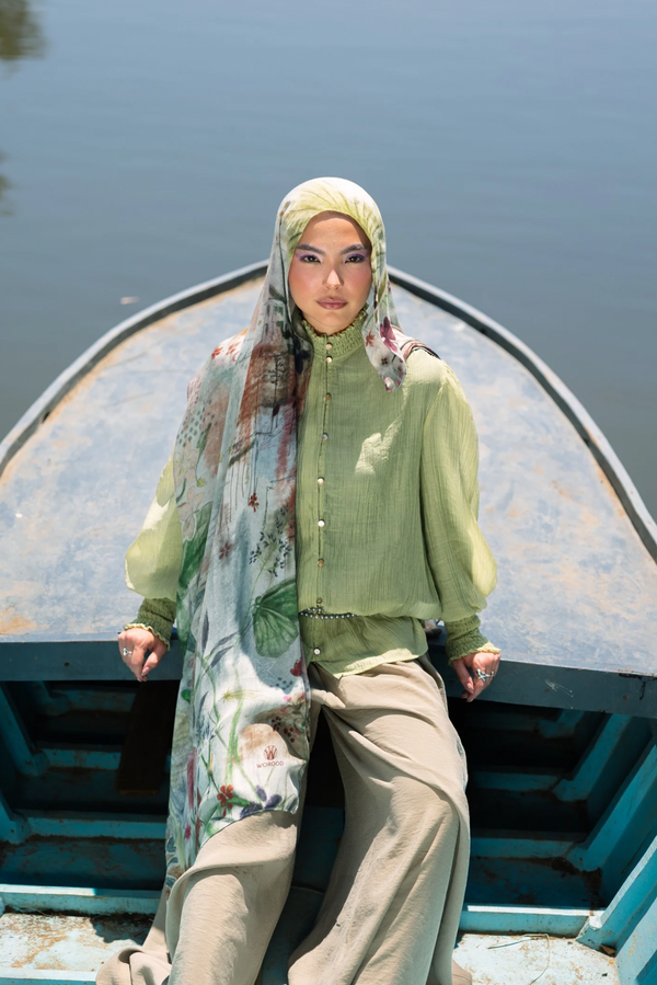 Celeste printed premium modal scarf with heritage-inspired symbols, expressive brushwork, layered textures, and lightweight breathable drape by WOROOD