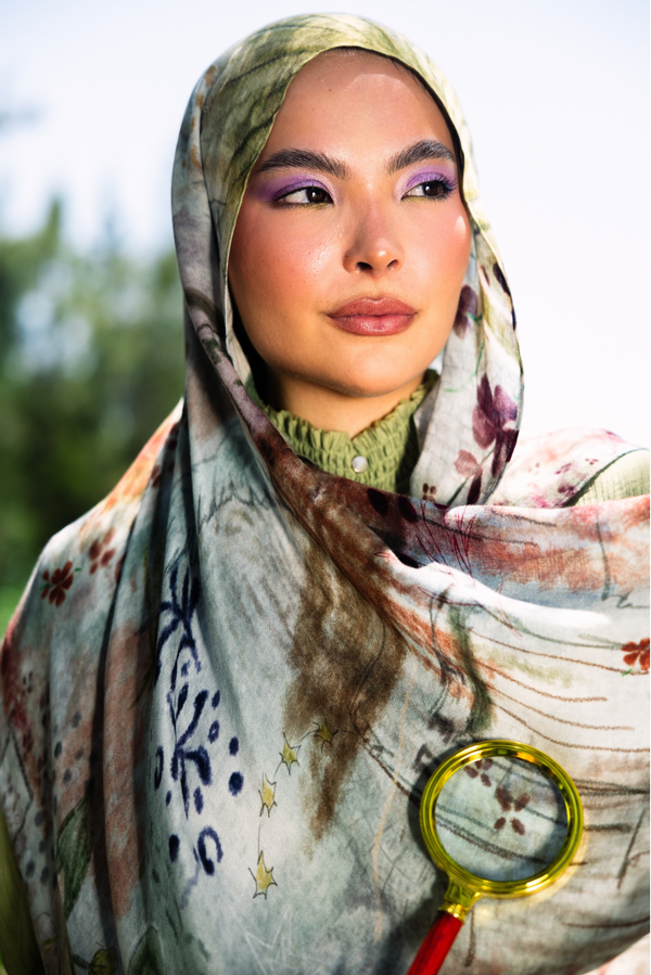 Celeste printed premium modal scarf with heritage-inspired symbols, expressive brushwork, layered textures, and lightweight breathable drape by WOROOD