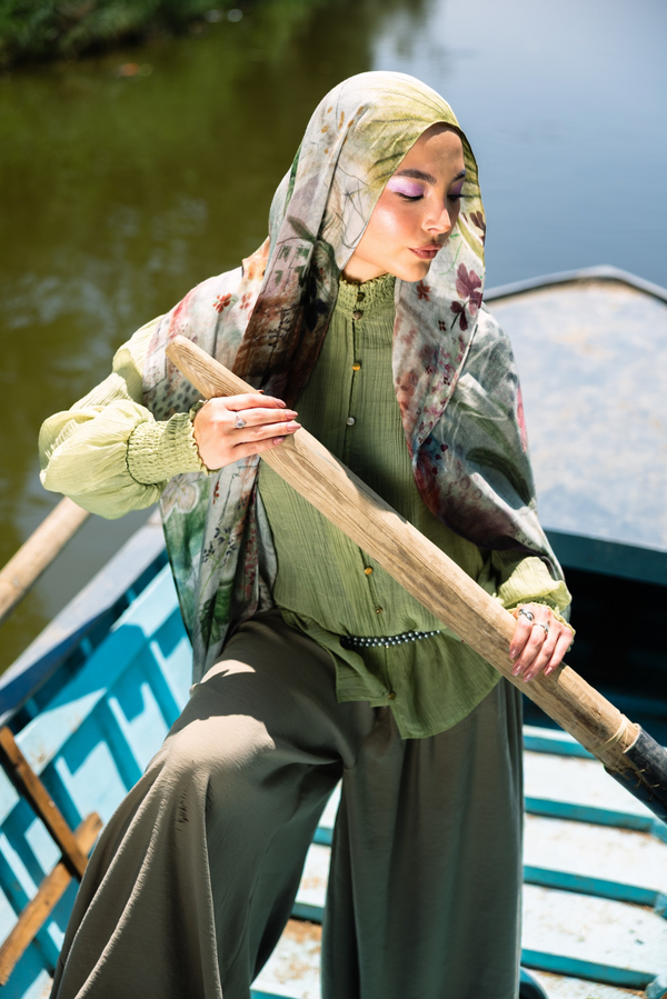 Celeste printed premium modal scarf with heritage-inspired symbols, expressive brushwork, layered textures, and lightweight breathable drape by WOROOD