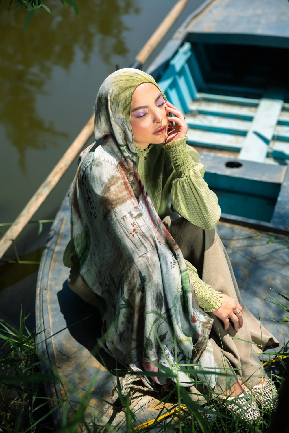 Celeste printed premium modal scarf with heritage-inspired symbols, expressive brushwork, layered textures, and lightweight breathable drape by WOROOD