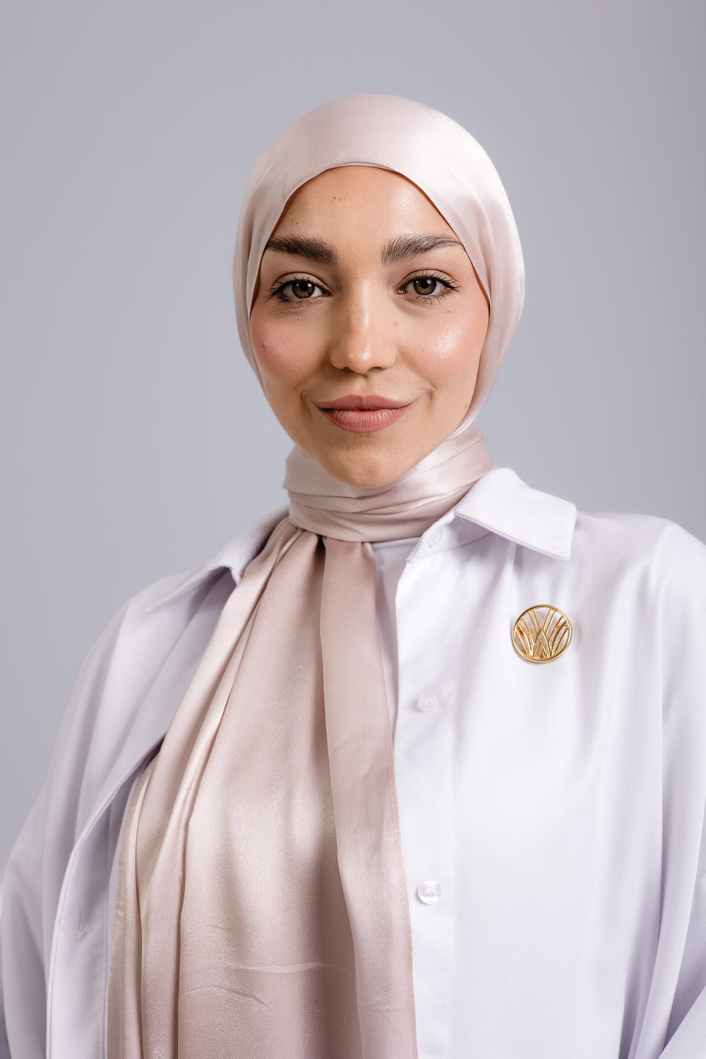 Champagne premium silk scarf with luminous champagne-toned mulberry silk drape by WOROOD