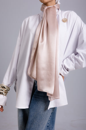 Champagne premium silk scarf with luminous champagne-toned mulberry silk drape by WOROOD