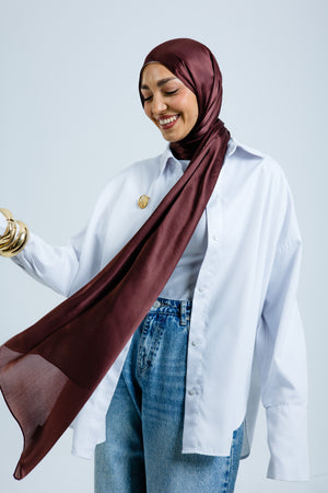 Chocolate premium silk scarf with rich cocoa brown mulberry silk drape by WOROOD