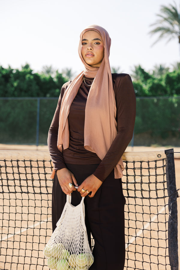 Cinnamon premium bamboo scarf set with matching bamboo inner cap and breathable lightweight drape by WOROOD