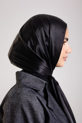 Dark Black premium silk scarf with luxurious black mulberry silk drape by WOROOD