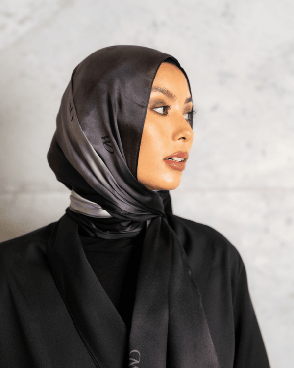 Divine Noire premium silk scarf with black and silver ombré mulberry silk drape by WOROOD