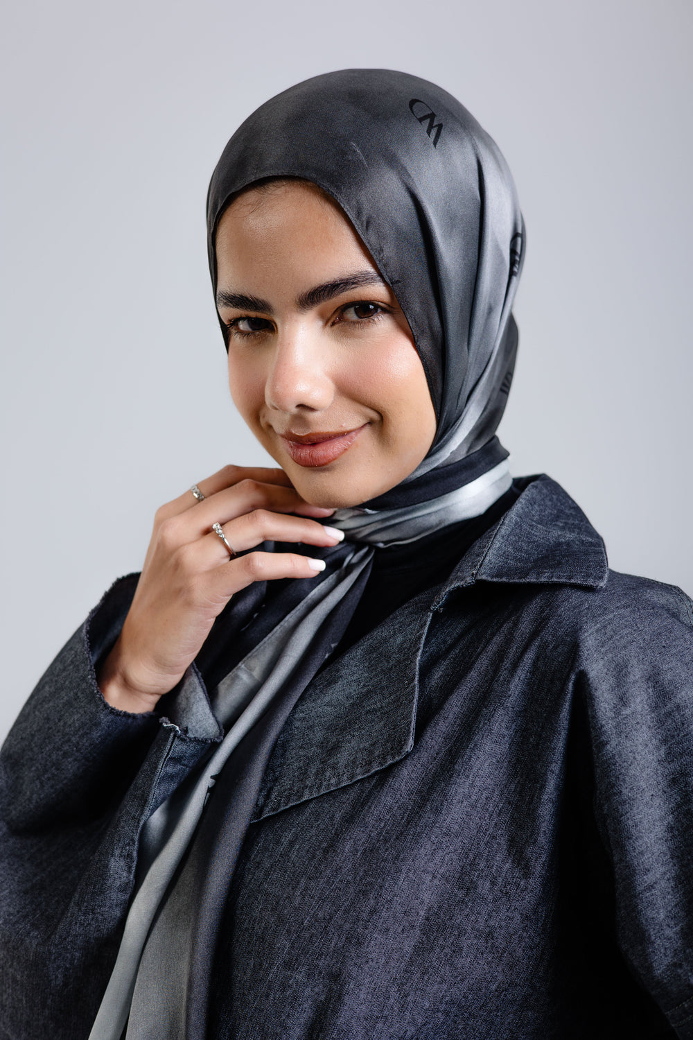 Divine Noire premium silk scarf with black and silver ombré mulberry silk drape by WOROOD