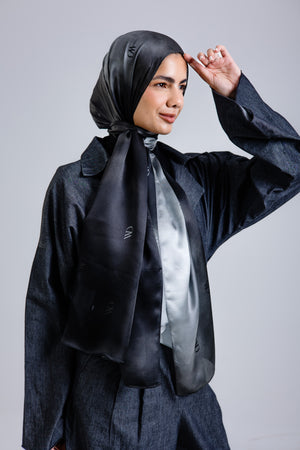Divine Noire premium silk scarf with black and silver ombré mulberry silk drape by WOROOD