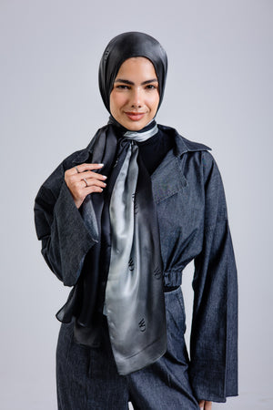Divine Noire premium silk scarf with black and silver ombré mulberry silk drape by WOROOD