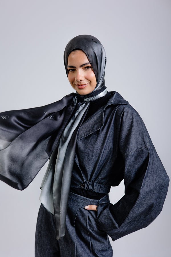 Divine Noire premium silk scarf with black and silver ombré mulberry silk drape by WOROOD