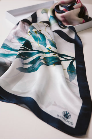 Elysian premium silk scarf with cream, blush, coral, and navy floral mulberry silk design by WOROOD