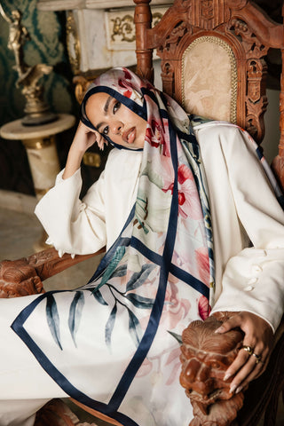 Elysian premium silk scarf with cream, blush, coral, and navy floral mulberry silk design by WOROOD