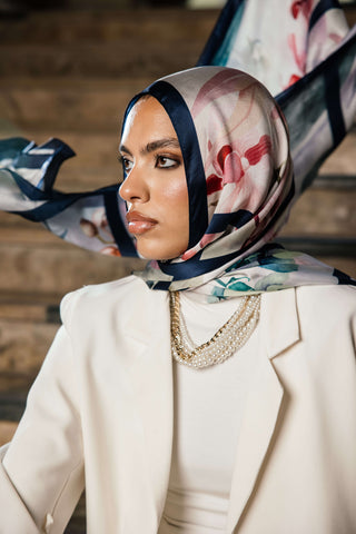 Elysian premium silk scarf with cream, blush, coral, and navy floral mulberry silk design by WOROOD