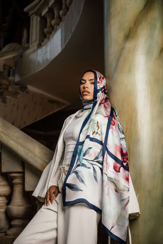 Elysian premium silk scarf with cream, blush, coral, and navy floral mulberry silk design by WOROOD