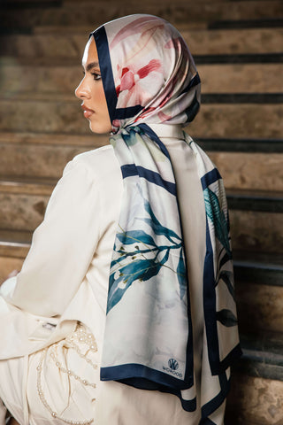 Elysian premium silk scarf with cream, blush, coral, and navy floral mulberry silk design by WOROOD