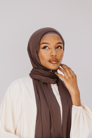 Espresso premium bamboo scarf set with matching bamboo inner cap and breathable lightweight drape by WOROOD