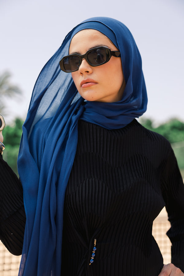 Indigo Blue premium bamboo scarf set with matching bamboo inner cap and breathable lightweight drape by WOROOD