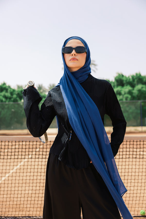 Indigo Blue premium bamboo scarf set with matching bamboo inner cap and breathable lightweight drape by WOROOD