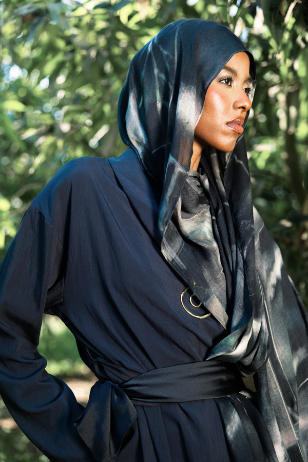 Lunara printed premium modal scarf with celestial-inspired forms, layered artistry, and lightweight breathable drape by WOROOD