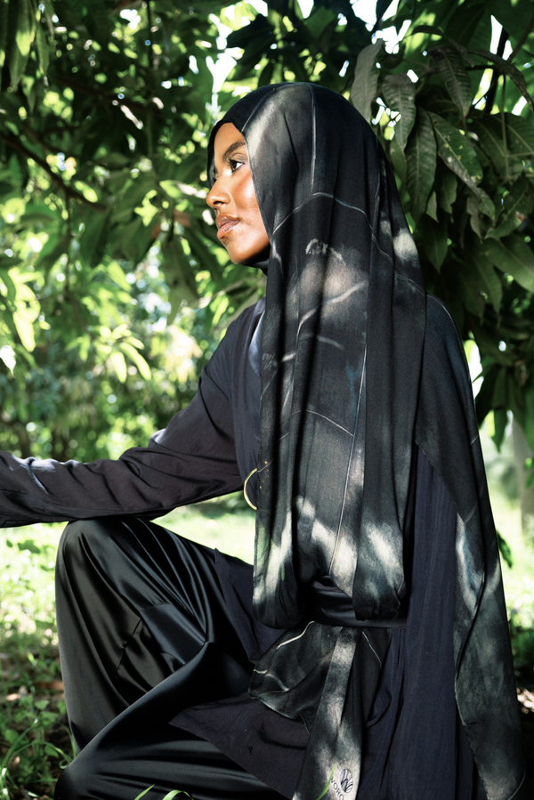Lunara printed premium modal scarf with celestial-inspired forms, layered artistry, and lightweight breathable drape by WOROOD