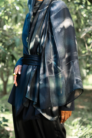 Lunara printed premium modal scarf with celestial-inspired forms, layered artistry, and lightweight breathable drape by WOROOD
