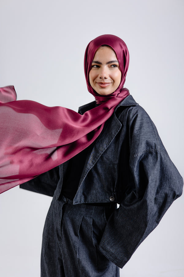 Maroon premium silk scarf with rich burgundy mulberry silk drape by WOROOD