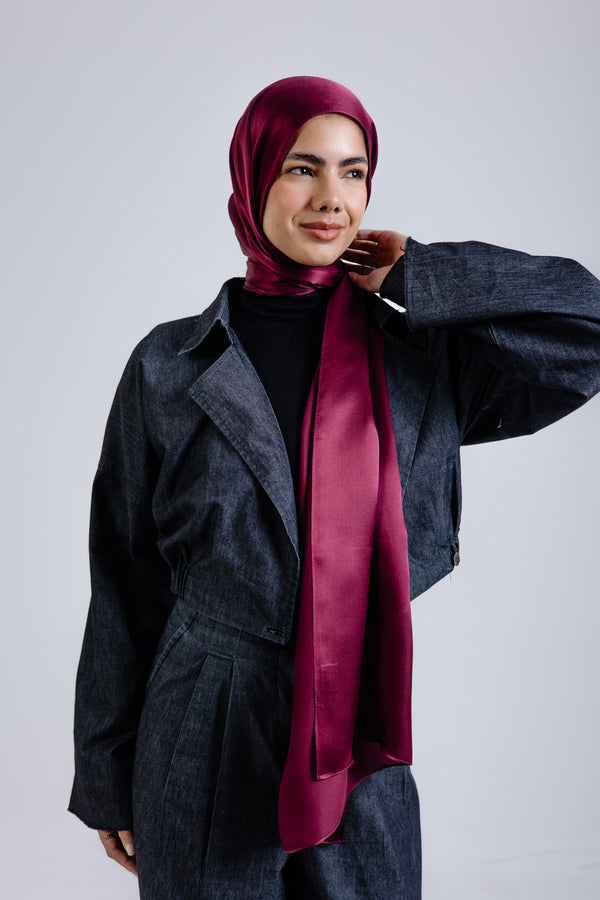 Maroon premium silk scarf with rich burgundy mulberry silk drape by WOROOD