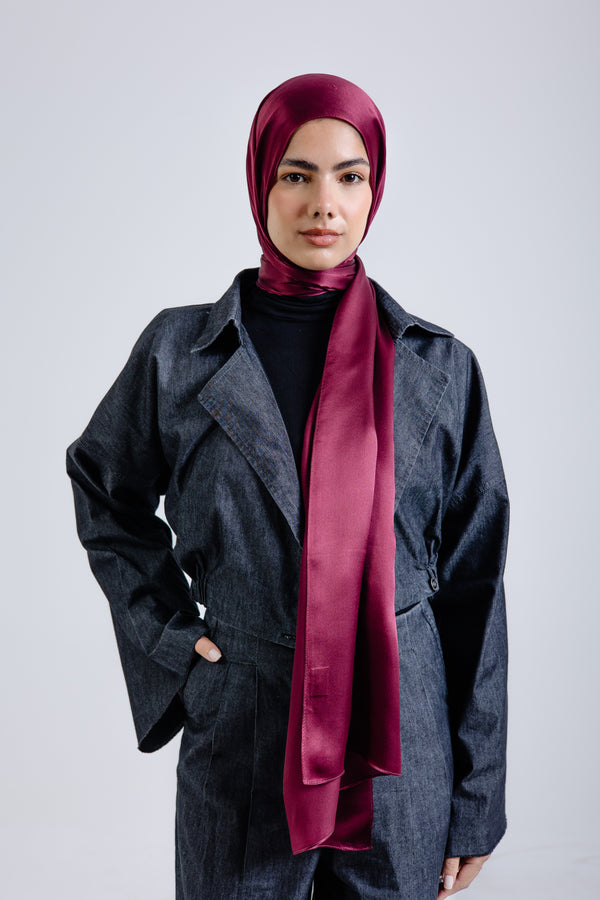 Maroon premium silk scarf with rich burgundy mulberry silk drape by WOROOD