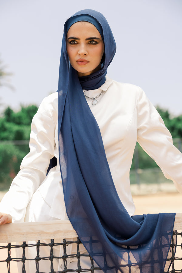 Navy premium bamboo scarf set with matching bamboo inner cap and breathable lightweight drape by WOROOD