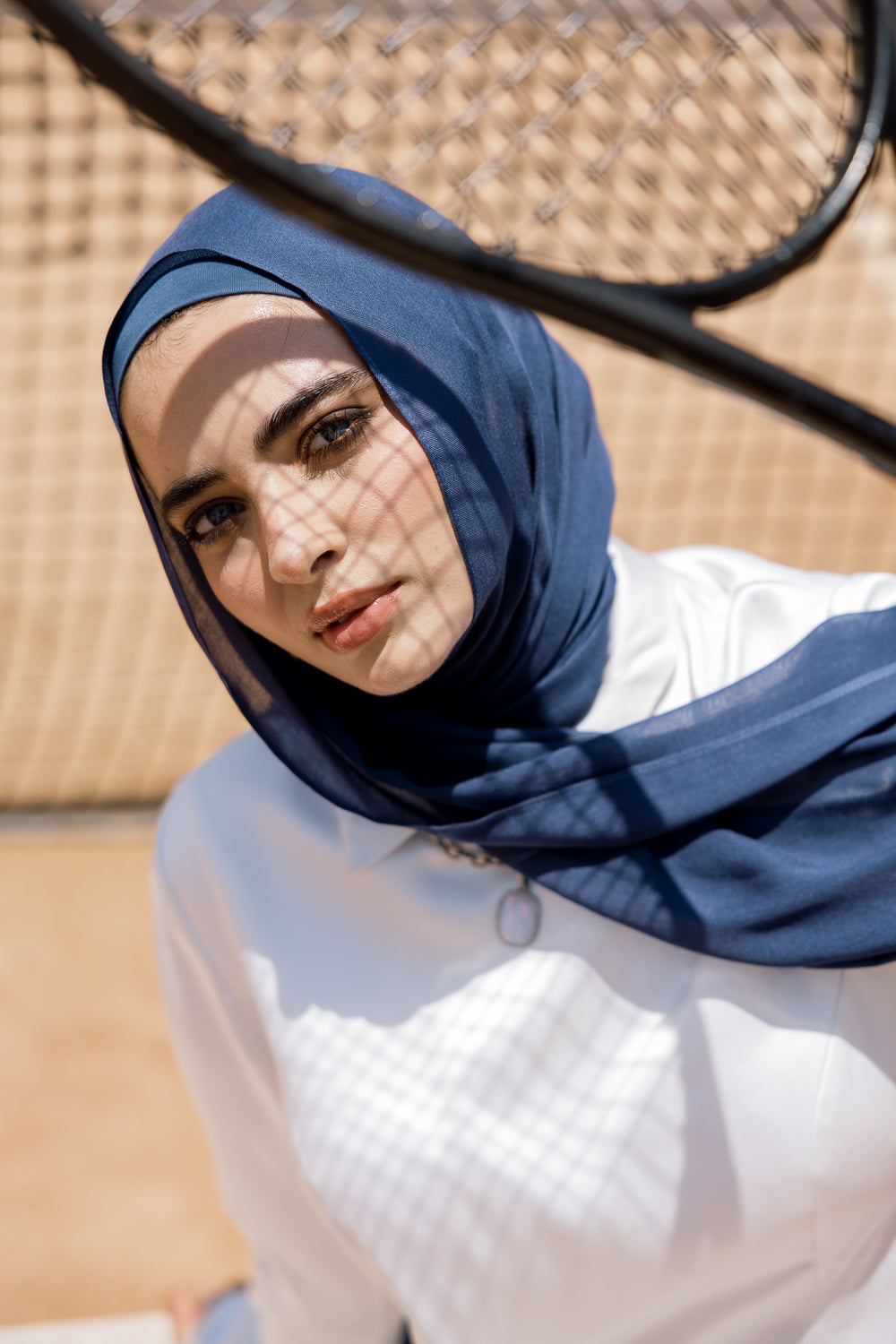 Navy premium bamboo scarf set with matching bamboo inner cap and breathable lightweight drape by WOROOD