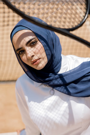 Navy premium bamboo scarf set with matching bamboo inner cap and breathable lightweight drape by WOROOD