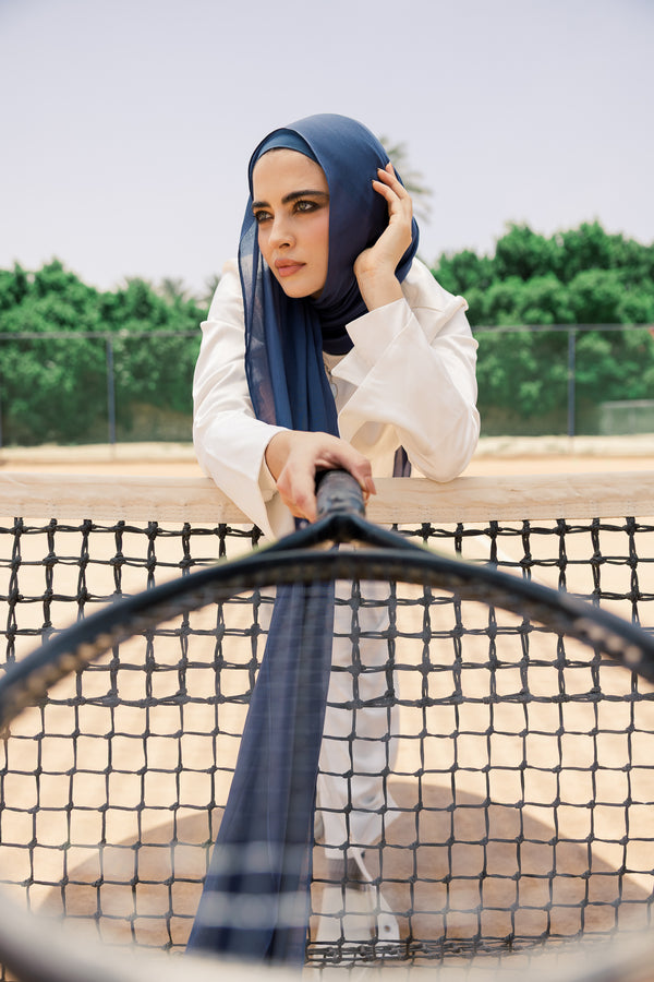 Navy premium bamboo scarf set with matching bamboo inner cap and breathable lightweight drape by WOROOD