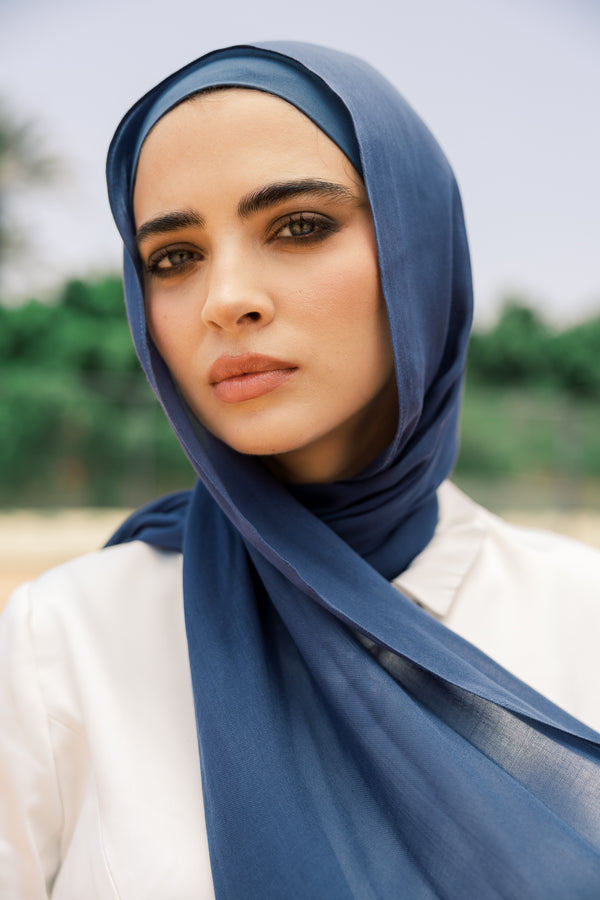 Navy premium bamboo scarf set with matching bamboo inner cap and breathable lightweight drape by WOROOD