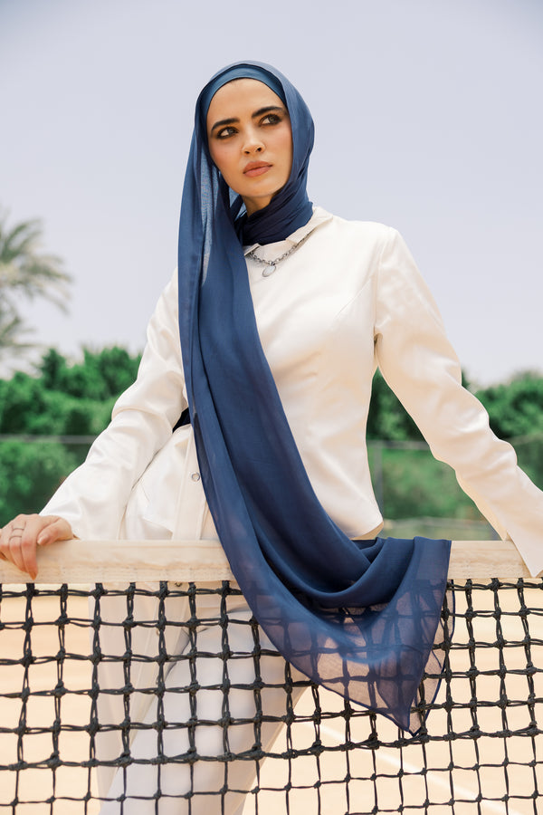 Navy premium bamboo scarf set with matching bamboo inner cap and breathable lightweight drape by WOROOD