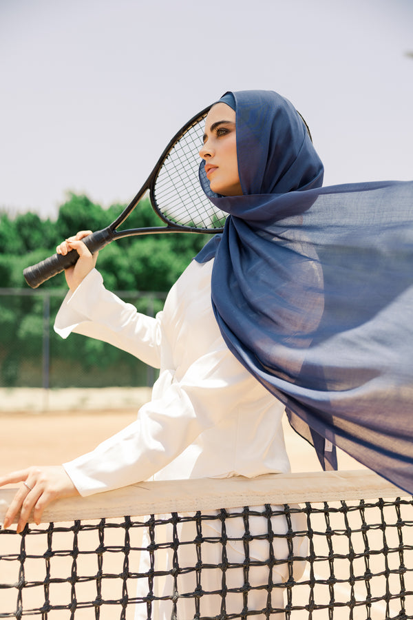 Navy premium bamboo scarf set with matching bamboo inner cap and breathable lightweight drape by WOROOD