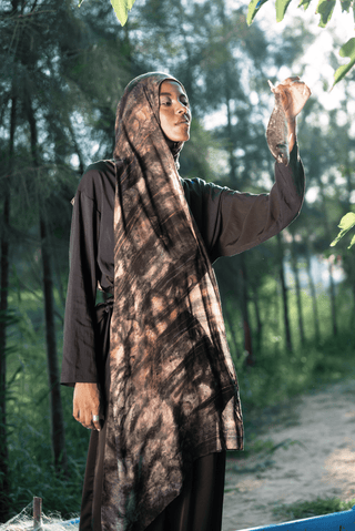 Nilea printed premium modal scarf with Nile-inspired aquatic forms, layered textures, and lightweight breathable drape by WOROOD