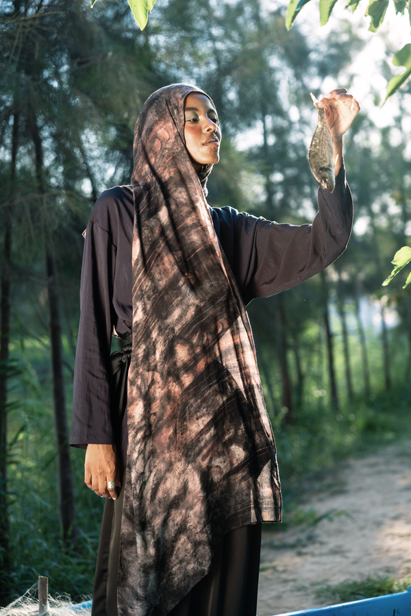 Nilea printed premium modal scarf with Nile-inspired aquatic forms, layered textures, and lightweight breathable drape by WOROOD