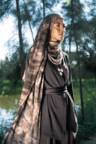 Nilea printed premium modal scarf with Nile-inspired aquatic forms, layered textures, and lightweight breathable drape by WOROOD